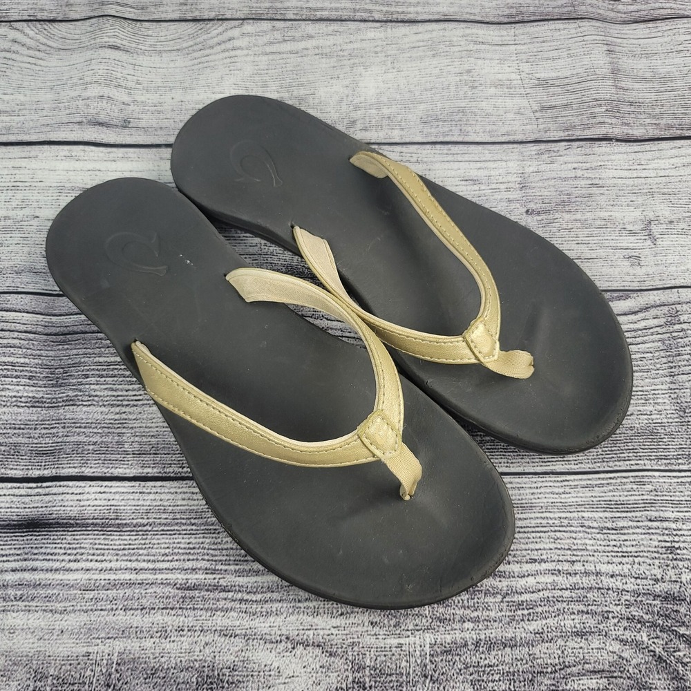 Women's Olukai Ho'opio Girls US G 5 Leather Flip Flop Sandal Gold